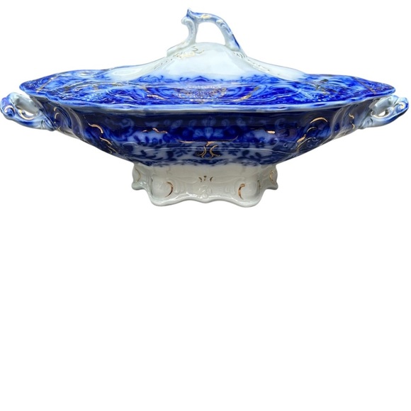 RARE Wood & Sons Antique Flow Blue "Lakewood" Footed Covered Dish 1891-1907 - Picture 4 of 13